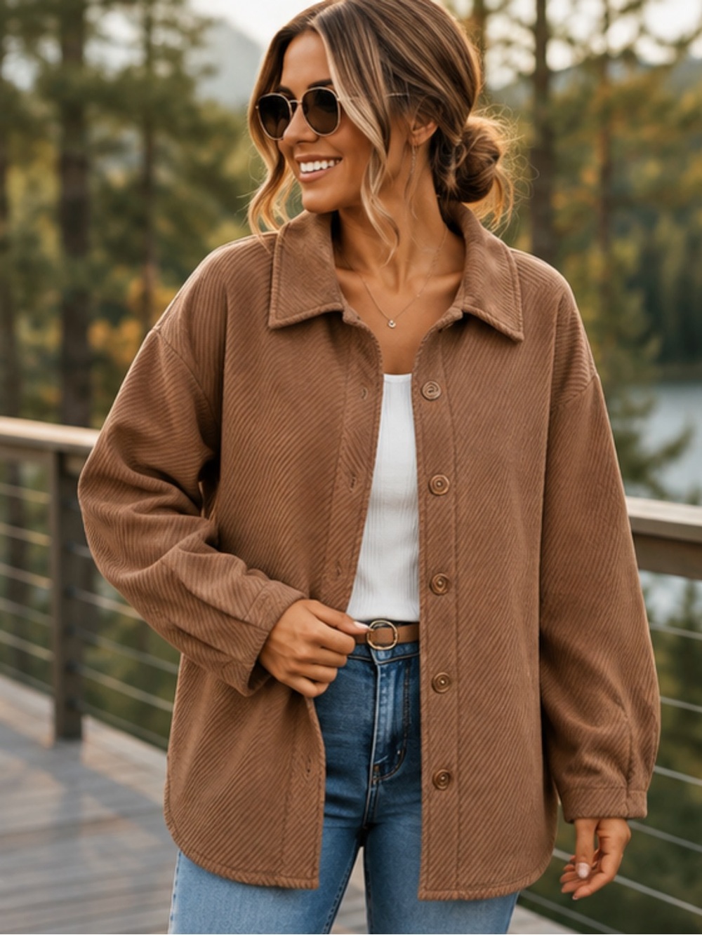 Butter Melon Corduroy Shacket Shirt Jacket Caramel Tan Pockets Large